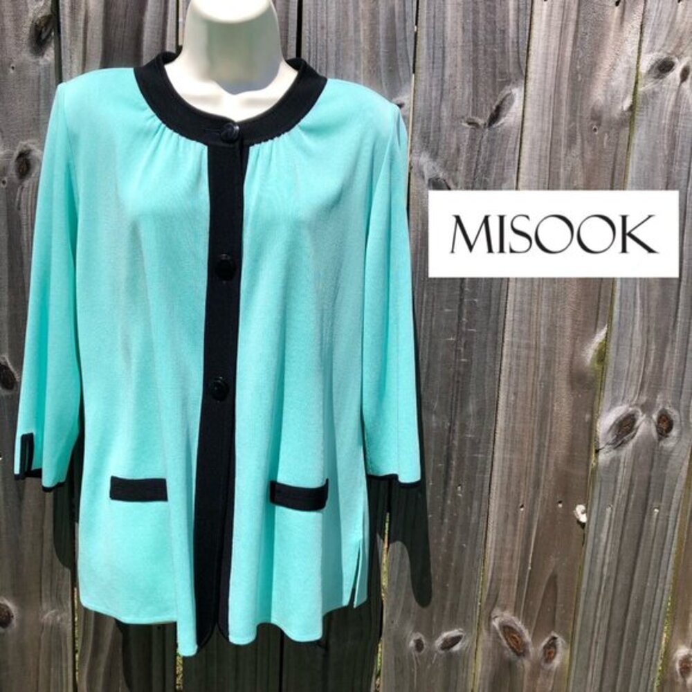 Exclusively Misook Large Blue Black Cardigan Sweater Top Long Sleeve Button